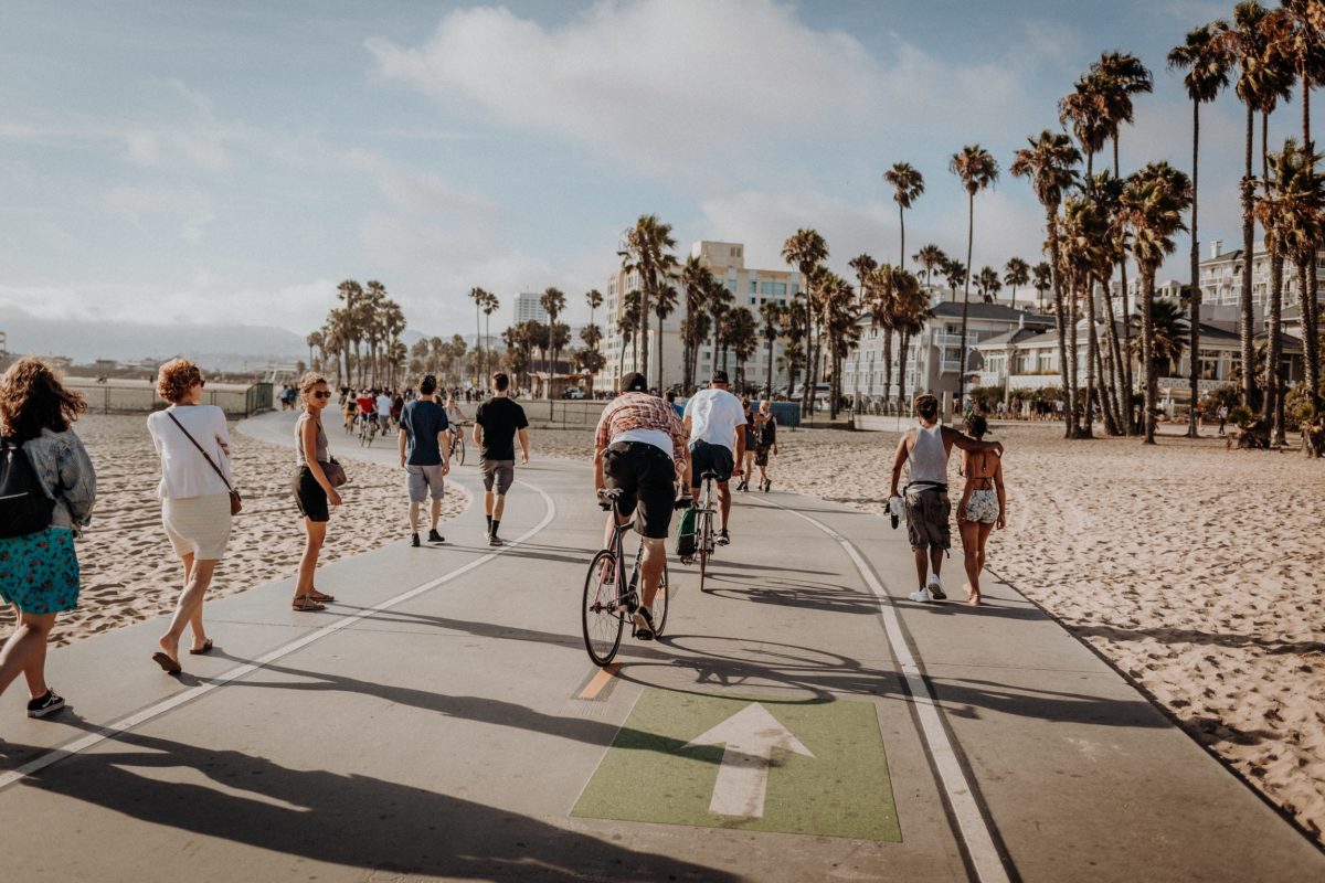 a group of bikers pedal down a road surrounded by sand towards a cluster of palm trees beneath a pale blue skye