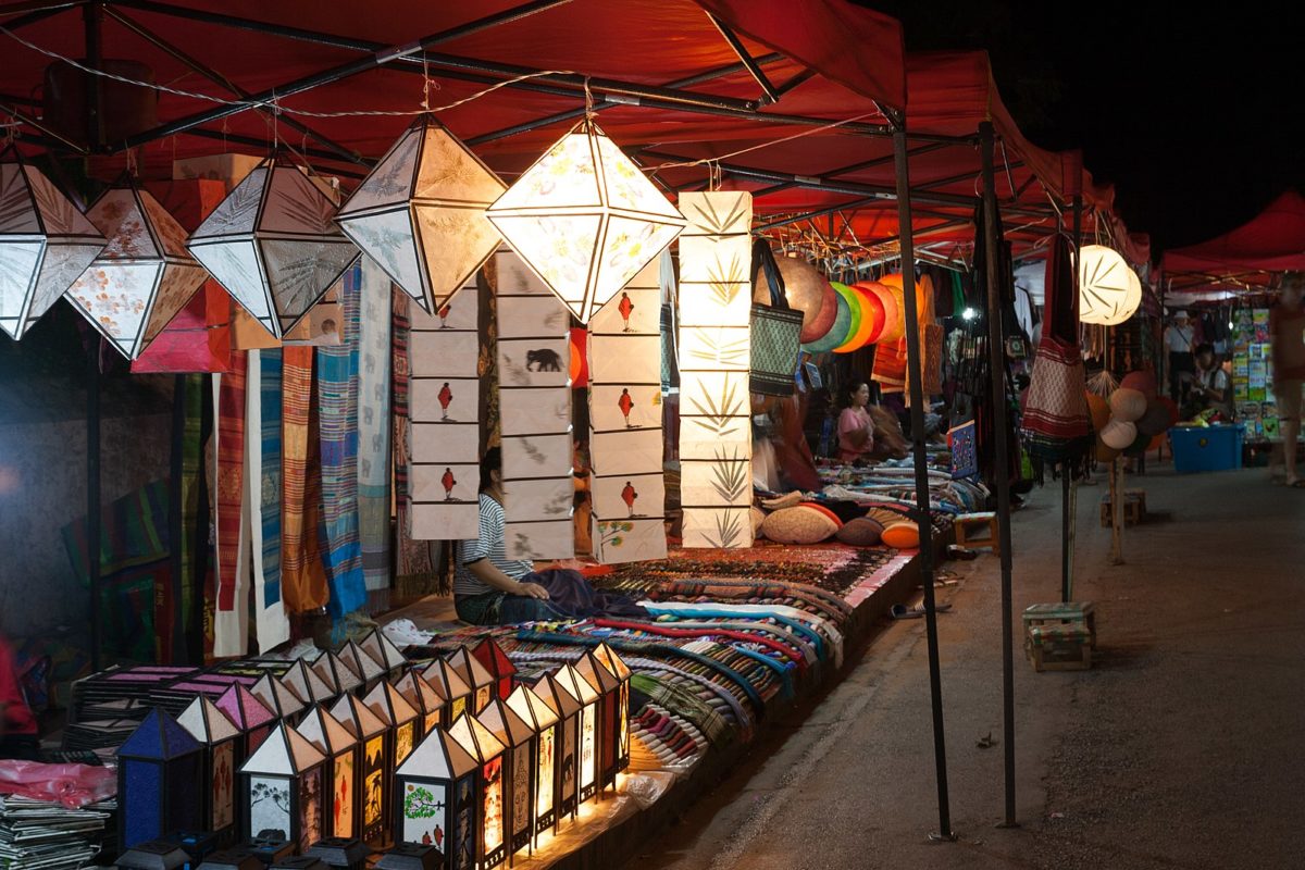 market stalls for lamps and fabrics