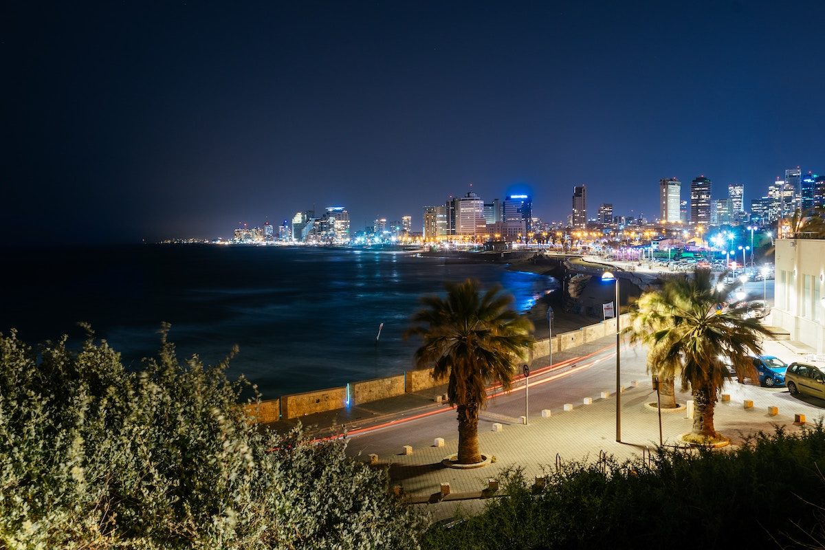 Tel Aviv skyline from the beach at night