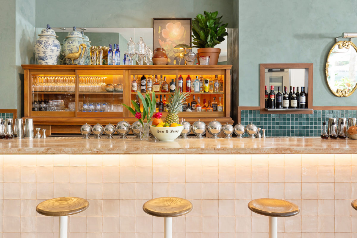 a pastel hotel bar