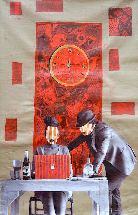 a collage artwork of a man standing over a woman working at a computer