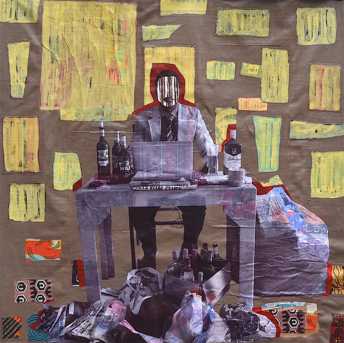 a collage artwork of a man at a computer surrounded by beer bottles