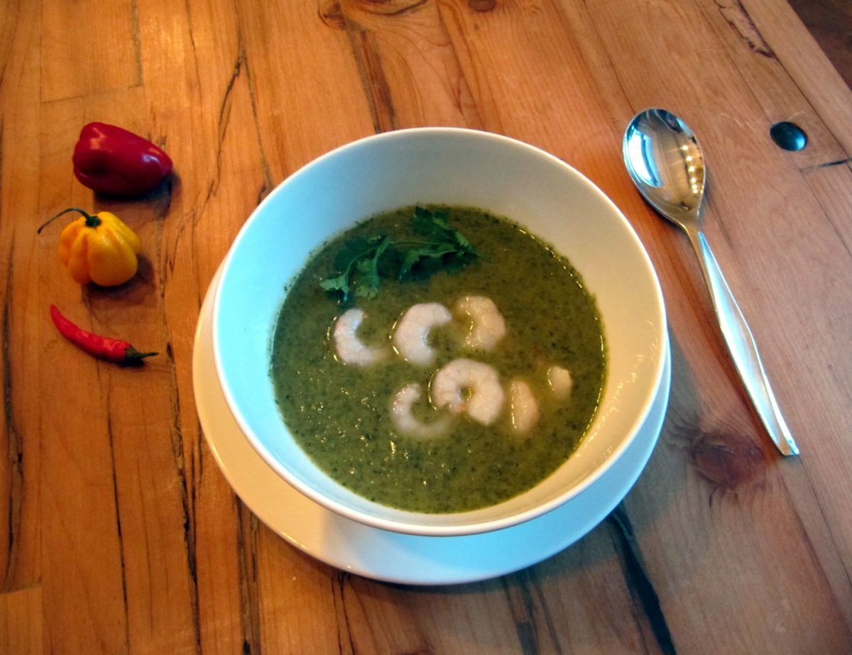 bowl of callaloo soup with shrimp