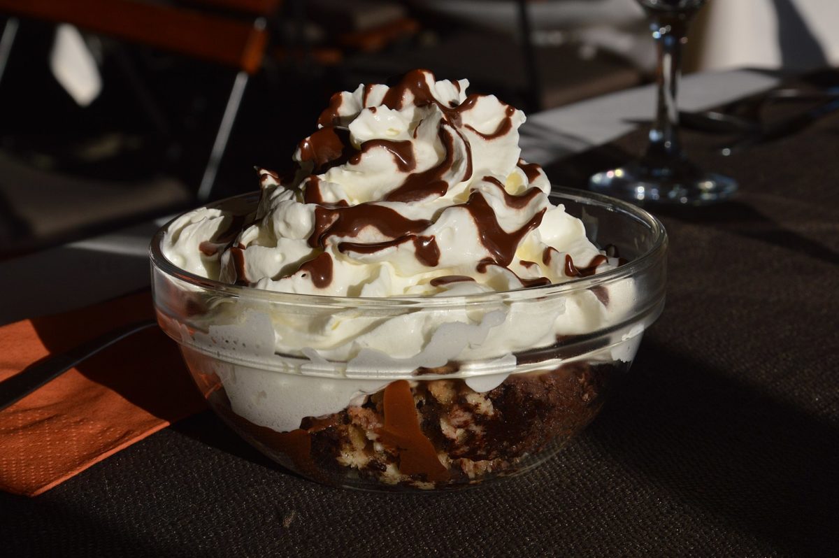 a chocolate dessert topped with whipped cream and chocolate syrup