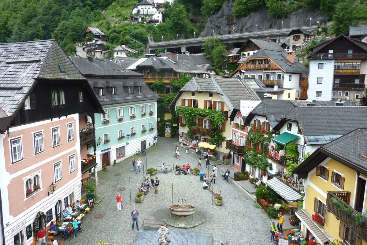 a small cobblestone village square