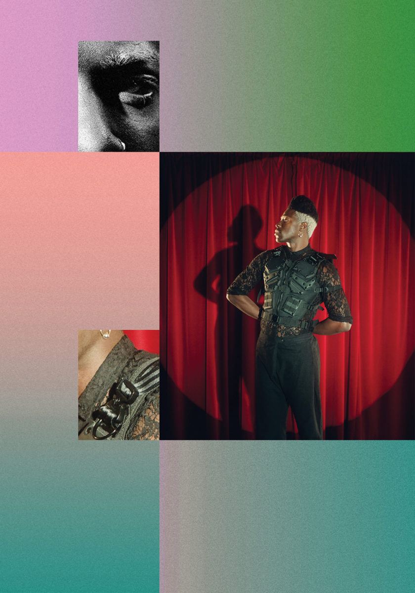 Moses Sumney in front of a red theater curtain