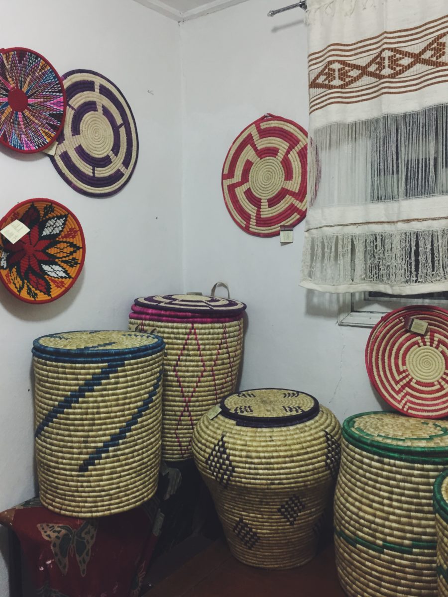 a room full of woven baskets