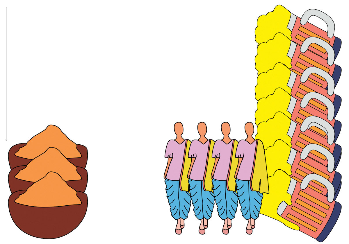 illustration of bowls of curry spices, women wearing salwars, and pints of beer