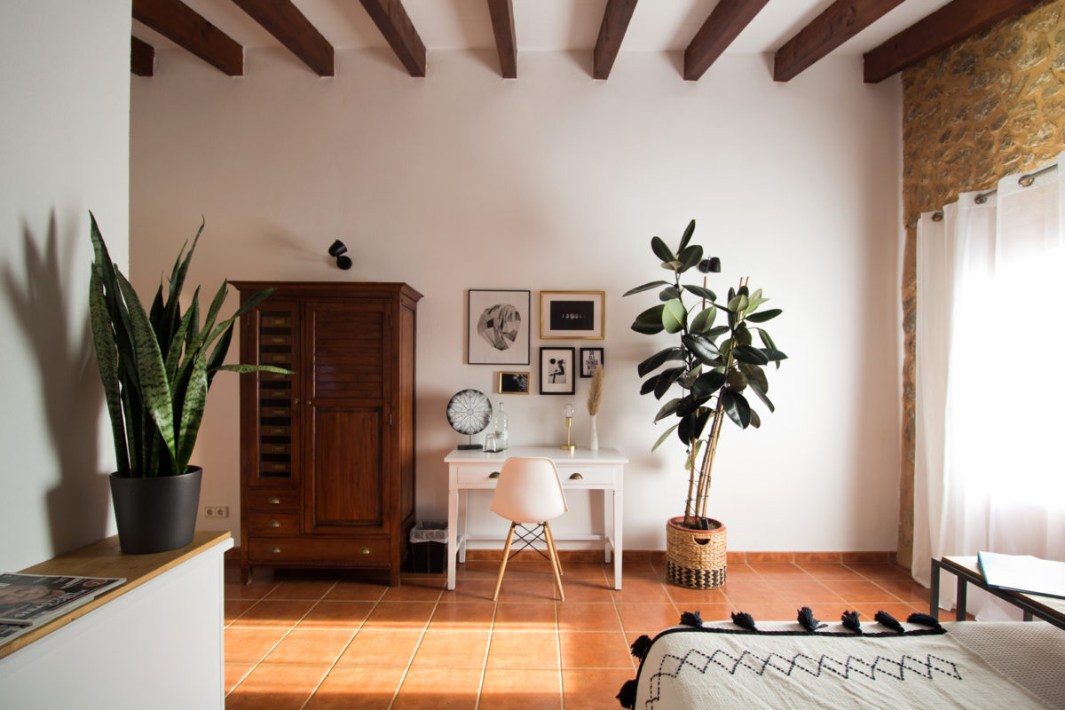 a modern hotel room decorated with art and plants