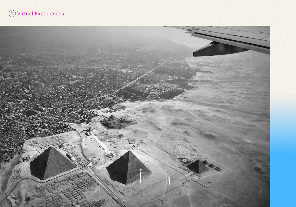 graphic design with black and white photo aerial view of the great pyramids of giza