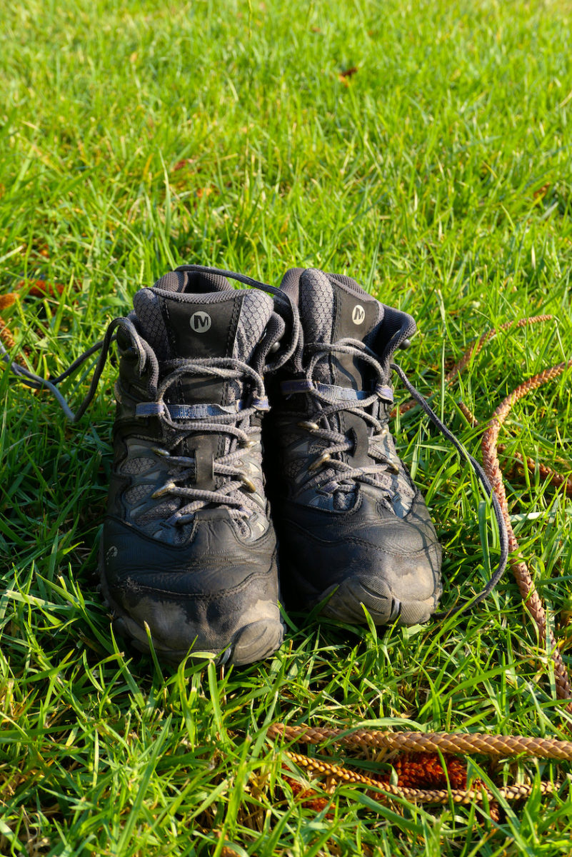 hiking boots in grass