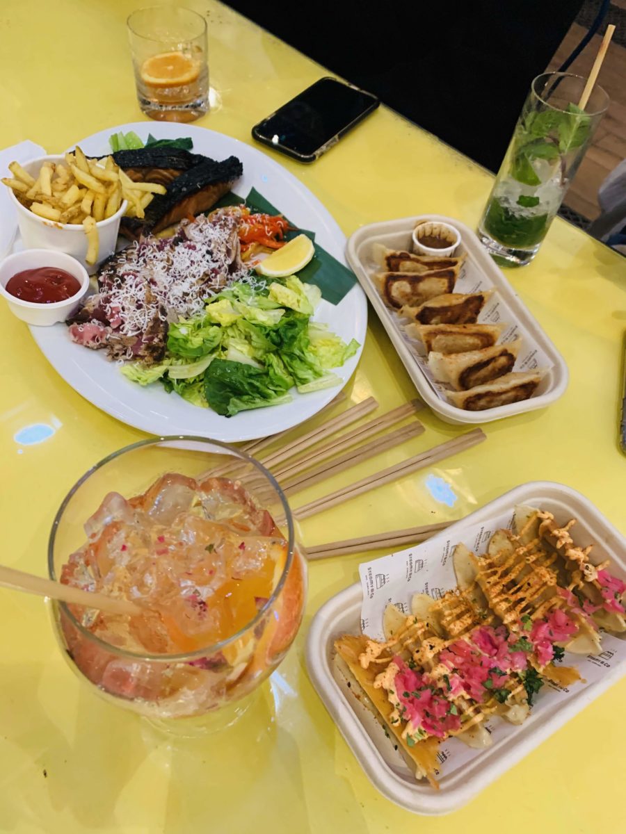 a table full of food and drinks