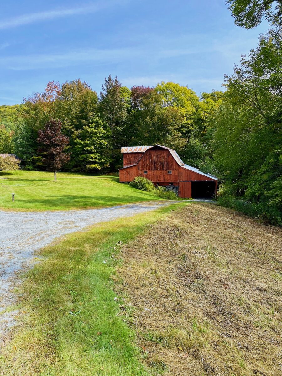 a barn at the end of a forest road