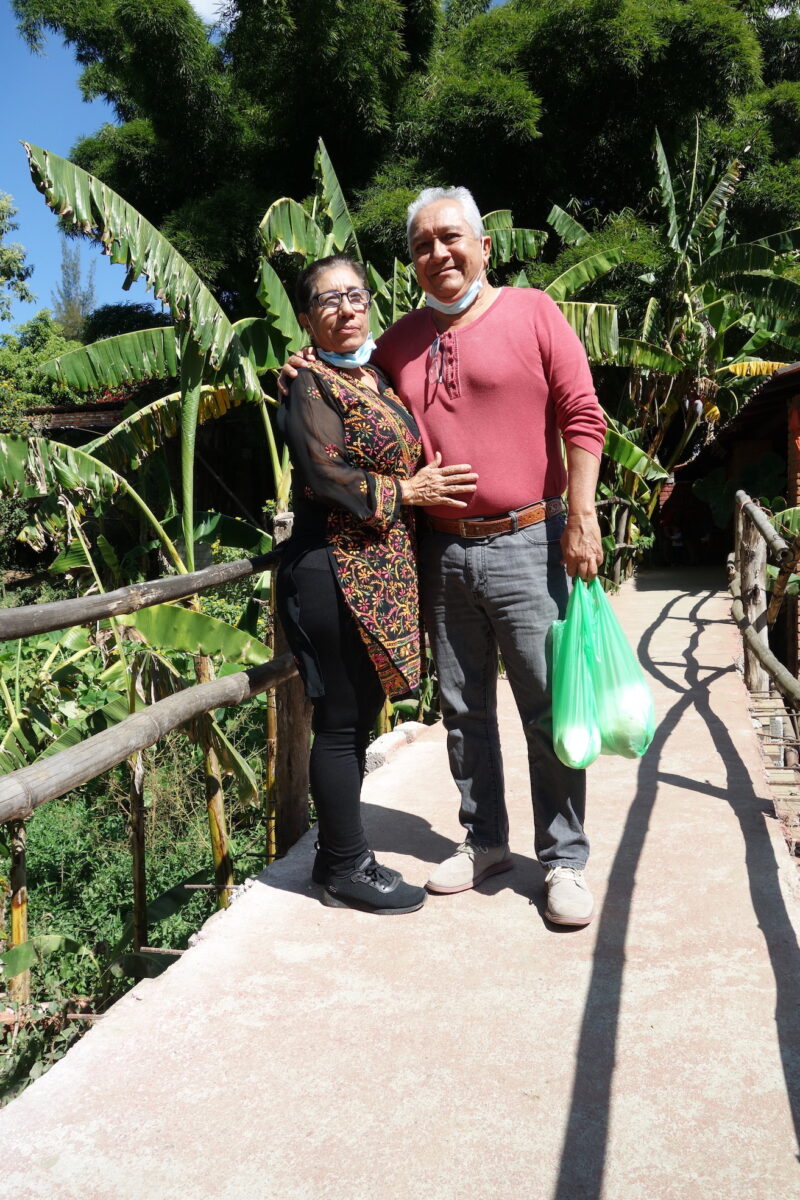 a couple posing in front of palm trees